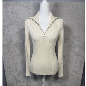 Maeve Womens Ribbed Knit Quarter Zip Sweater Long Sleeve Cream Size‎ S